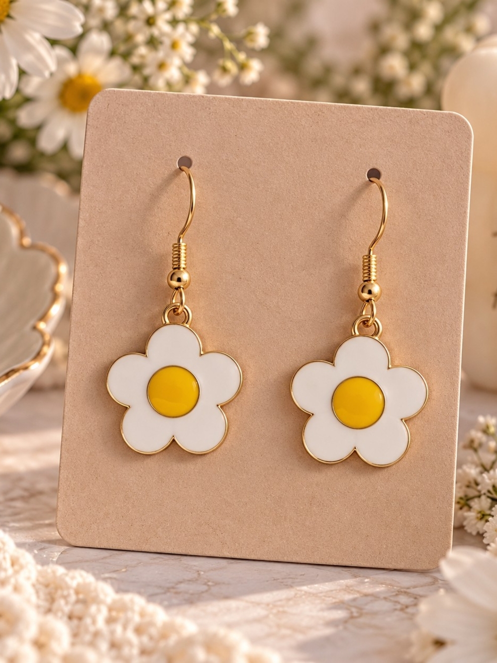 Gold Daisy Drop Earrings with White Petals and Yellow Center New